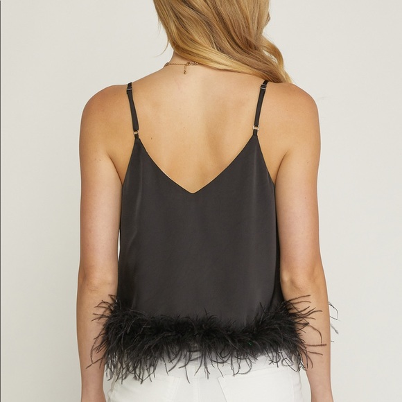 🌺🌺🌺ENTRO feather Trimmed Spaghetti Strap in Black🌺🌺🌺 - Picture 2 of 8